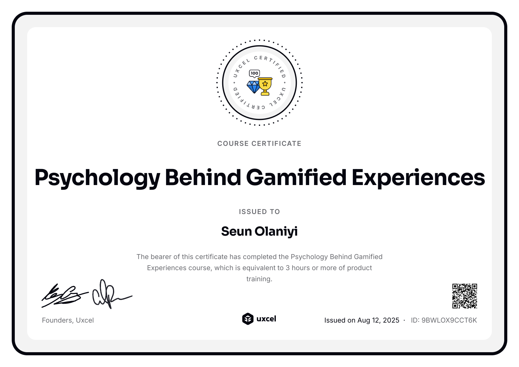 Seun Olaniyi's certificate